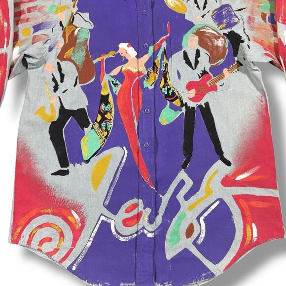 Vintage Kolorway USA Hand Painted Womens Shirt Medium All Over Print Jazz Art - Picture 2 of 7